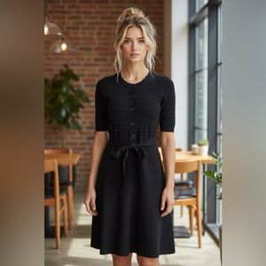 BCBG Maxazria Merino Wool Fit Flare Sweater Dress XS Blue Black Stripe